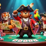 Jouer à des jeux de casino en ligne France avec un ours pirate et un tigre à la table de poker.