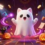 Cổng game bài đổi thưởng Sunwin showcases a playful ghost cat and bat in a vibrant casino environment.