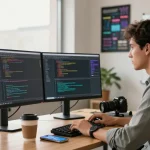 Workspace featuring a focused developer coding on dual monitors, showcasing the 纸飞机中文版 and a productive tech atmosphere, enhanced by natural light.