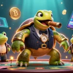 Bet on agen judi bola with a 3D snapping turtle and bullfrogs amid dynamic sports-themed casino elements.
