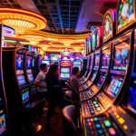 Menang di slot gacor dengan suasana kasino yang hidup dan mesin slot berwarna cerah.