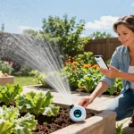Gardener using rainpoint wifi water timer and smartphone in vibrant garden for automated irrigation.
