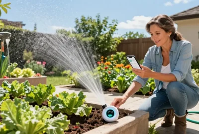 Gardener using rainpoint wifi water timer and smartphone in vibrant garden for automated irrigation.