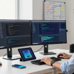 Developer working in a tech workspace showcasing code on dual monitors, representing teiegramin.com's software innovation.