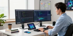 Developer working in a tech workspace showcasing code on dual monitors, representing teiegramin.com's software innovation.