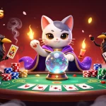 Bets flourish at b52clubss in vibrant casino scene with mystic characters and poker elements.