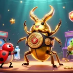 Permainan slot online menampilkan karakter 3D menyerang dalam suasana kasino cerah.