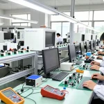 Engineers examining capacitive switch prototypes in modern manufacturing facility
