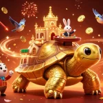 Experience the thrill of ufabet with a dynamic 3D casino scene featuring a golden tortoise and a rabbit dealer.