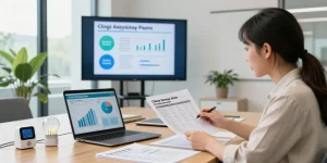 Explore ccl rates 2026 with a professional analyzing energy bills and sustainability strategies in a bright office