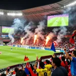 Exciting koora live football match scene with passionate fans cheering in a vibrant stadium atmosphere.