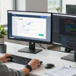 Developer focusing on 纸飞机中文版 interface in a modern workspace with dual monitors.
