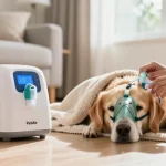 PetAir 寵氧站 service for pet oxygen therapy, showcasing a caring owner assisting a dog with an oxygen machine.