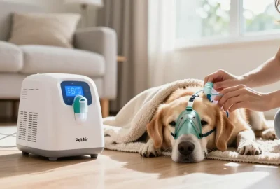PetAir 寵氧站 service for pet oxygen therapy, showcasing a caring owner assisting a dog with an oxygen machine.
