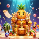 Bolaslot99 showcases a vibrant 3D casino scene with a golden pineapple king and lively elements.