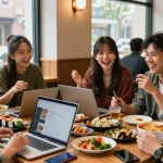 A group enjoying Asian cuisine while discussing content from https://hanadultalk.com in a vibrant café setting.