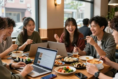 A group enjoying Asian cuisine while discussing content from https://hanadultalk.com in a vibrant café setting.