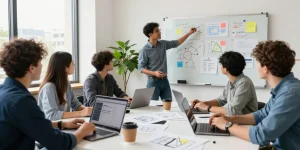 Collaborative team brainstorming at https://www.startsomethingpc.com in a dynamic startup workspace with laptops and ideas.