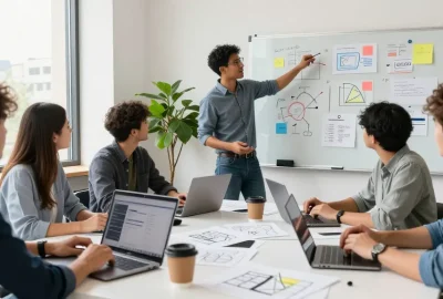Collaborative team brainstorming at https://www.startsomethingpc.com in a dynamic startup workspace with laptops and ideas.