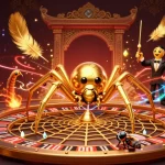 Experience thrilling online casinos with a golden spider dealer spinning a roulette web.