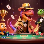 Experience intense gaming with bigpot88 link in a vibrant casino illustration featuring playful dinosaurs.